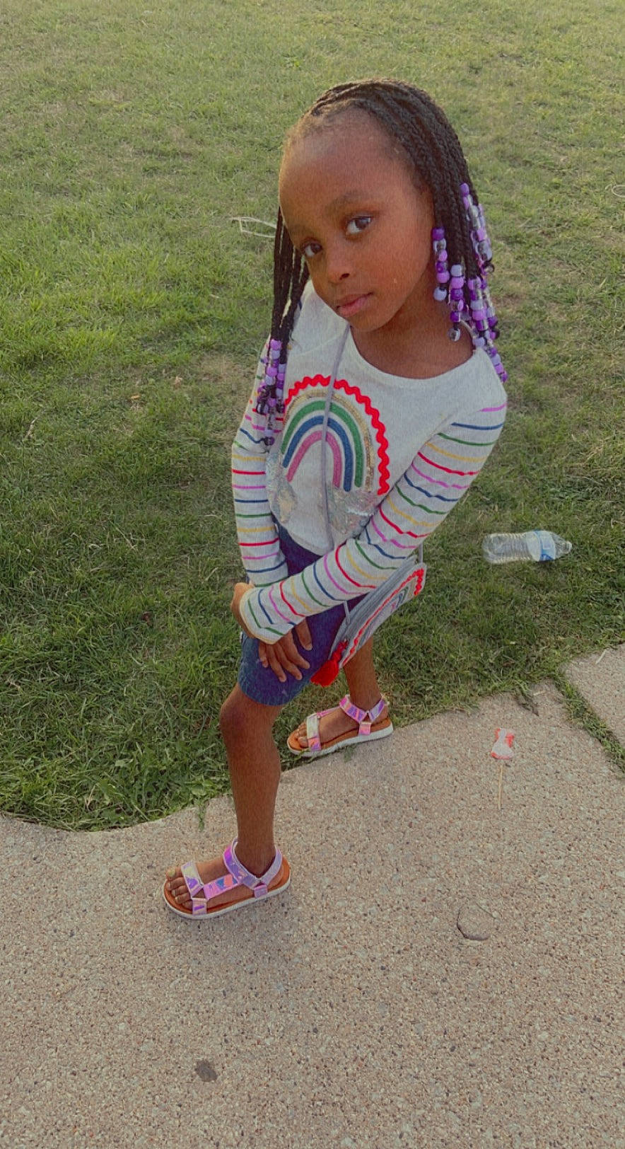 Dalilah joined the competition — help win amazing prizes! asphalt, baby_toddler_clothing, child, flip_flops, foot, fun, grass, hair, happy, human_leg, knee, leisure, pattern, person, pink, recreation, sandal, sidewalk, summer, thigh