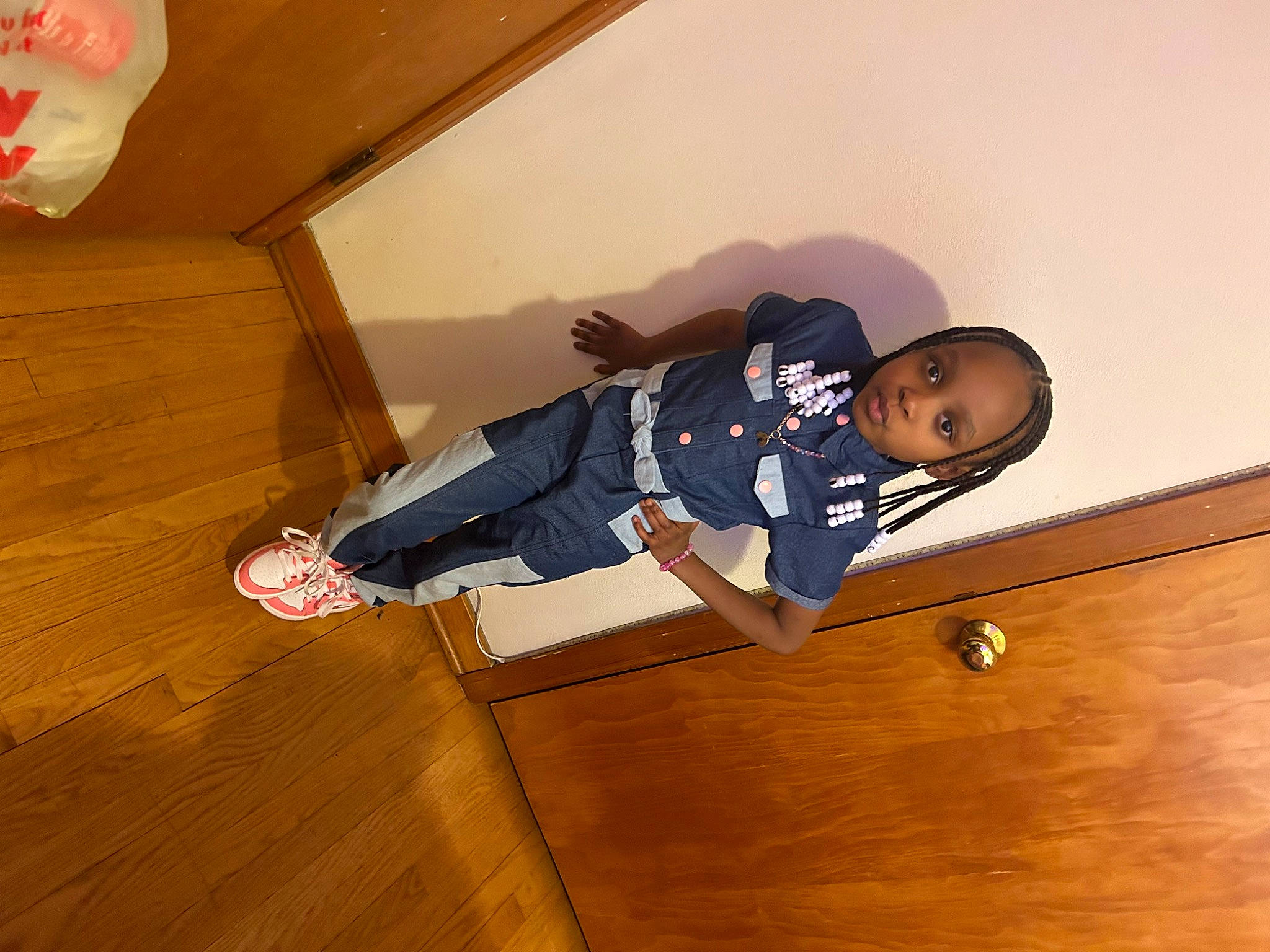 Dalilah joined the competition — help win amazing prizes! baby_toddler_clothing, comfort, floor, flooring, fun, hardwood, human_leg, knee, laminate_flooring, person, room, sleeve, sneakers, sock, stairs, thigh, toddler, varnish, wood, wood_flooring