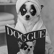 Taya participe au concours pour gagner de l'argent avec cette photo : animal, black_and_white, chihuahua, cover, cute, dog, eyes, face, fur, humor, indoors, magazine, pet, portrait, reading, relaxation, robe, small_dog, spa, towel
