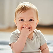 Léo participe au concours pour gagner de l'argent avec cette photo : baby, child, smiling, blue_eyes, hand_in_mouth, short_sleeve, cute, infant, portrait, soft_light, indoors, happy, skin, face, person, young_child, sitting, blond_hair, closeup, playful