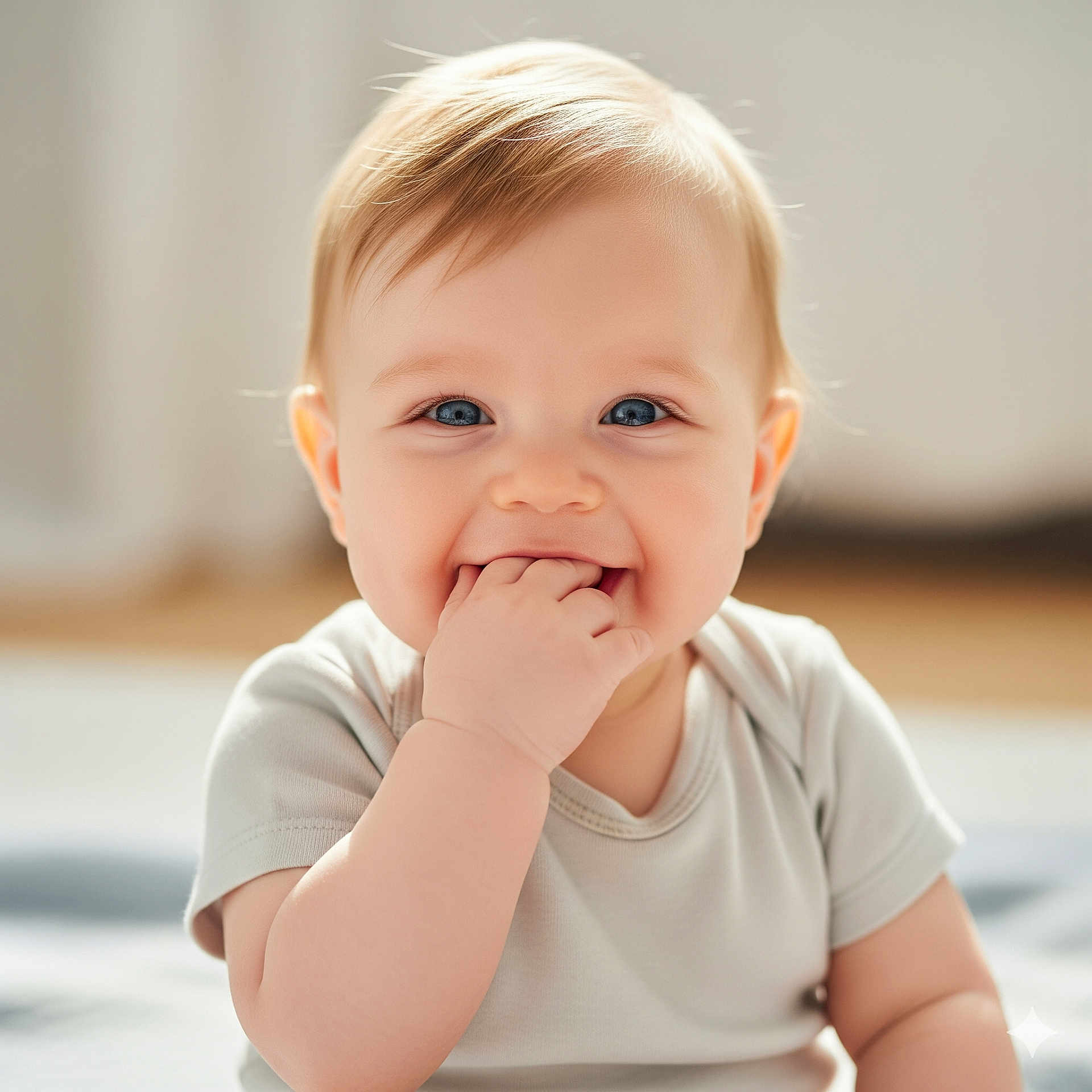 Léo participe au concours pour gagner de l'argent avec cette photo : baby, blond_hair, blue_eyes, child, closeup, cute, face, hand_in_mouth, happy, indoors, infant, person, playful, portrait, short_sleeve, sitting, skin, smiling, soft_light, young_child