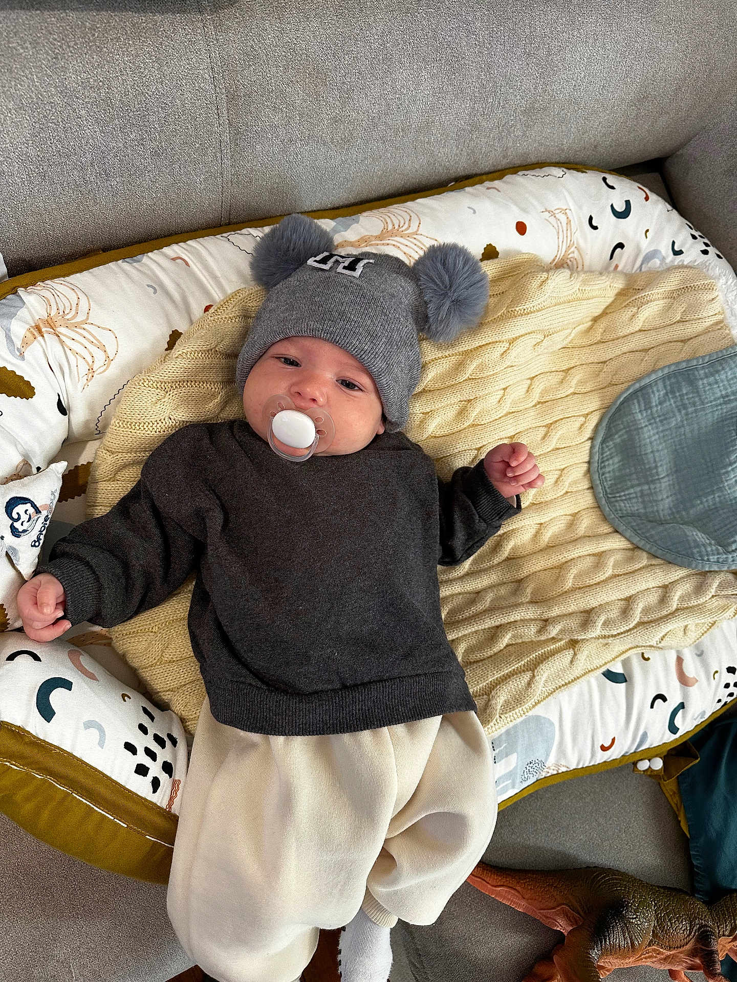 Marius a rejoint le concours — aidez-le/la à gagner de superbes lots ! baby, pacifier, hat, sweater, blanket, baby_nest, toy, dinosaur, couch, infant, clothing, face, child, soft_toys, indoor, cute, sleepy, comfort, relaxing, rest