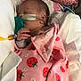 Tinsley is registered to the contest to win money with this photo: baby, newborn, blanket, pink, strawberry_pattern, medical_tube, nasal_oxygen, sleeping, bed, hand, infant, cute, soft, hospital, healthcare, face, person, resting, wrapped, child