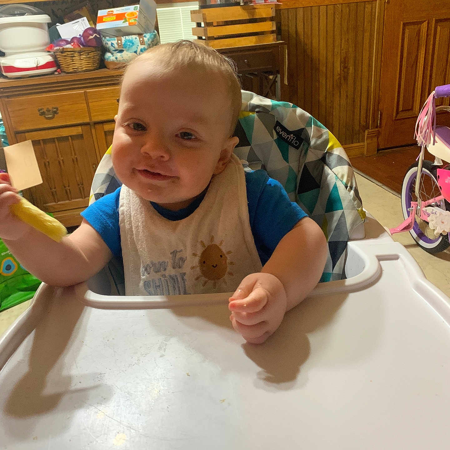 Theodore joined the competition — help win amazing prizes! architecture, baby, banana, building, cabinet, cutlery, diningroom, diningtable, face, food, fruit, furniture, head, indoors, person, photography, portrait, room, spoon, table