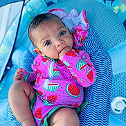 Isla joined the competition — help win amazing prizes! baby, infant, child, watermelon_pattern, colorful_clothing, sitting, pacifier, blue_cushion, hand_in_mouth, indoor, cute, portrait, soft_lighting, comfortable, close_up, young_child, child_fashion, baby_gesture, fabric_pattern, relaxing