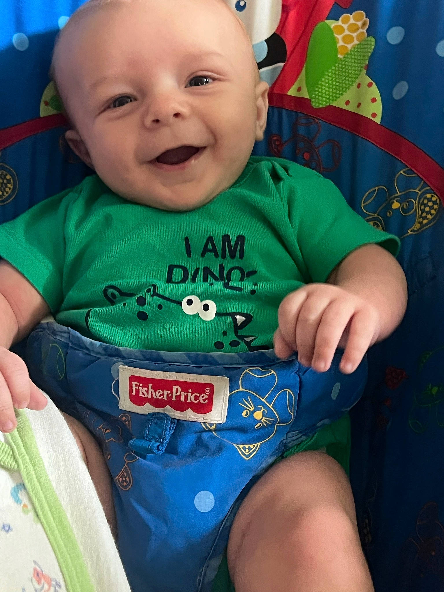 Daxtyn joined the competition — help win amazing prizes! arm, baby_toddler_clothing, blue, cheek, chin, eye, face, facial_expression, green, hand, happy, head, human_body, iris, organ, person, skin, sleeve, smile, standing