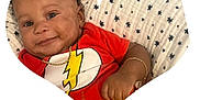 Elohim joined the competition — help win amazing prizes! baby, blanket, bracelet, chain_necklace, child, closeup, cute, face, happy, heart_shape, indoors, infant, lightning_bolt, lying_down, person, portrait, red_shirt, skin, smiling, star_pattern