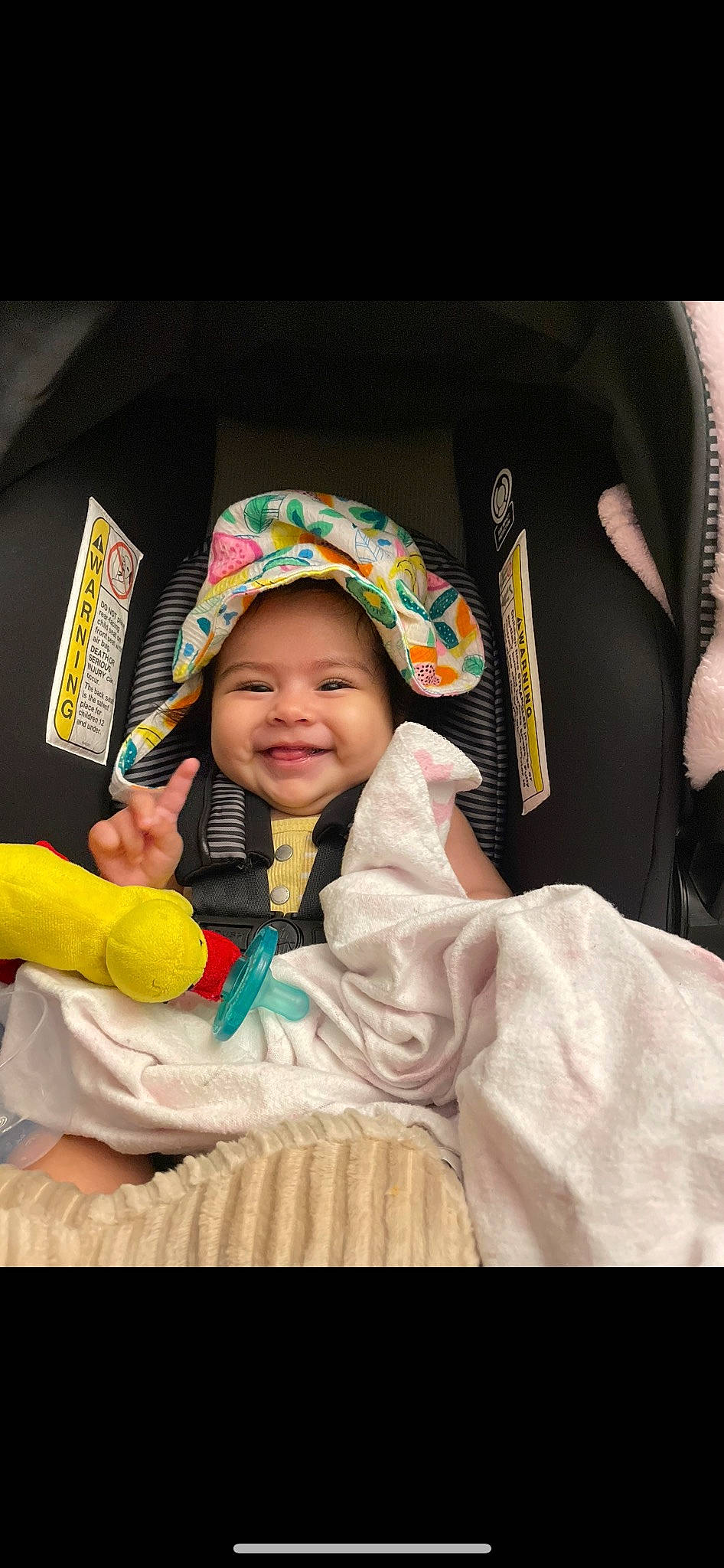 Arlet is registered to the contest to win money with this photo: baby, baby_products, cap, car_seat, cheek, child, comfort, eye, fun, happy, headwear, jacket, joy, linens, nose, person, room, sitting, skin, smile