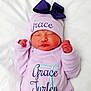 newborn, baby, infant, sleeping, hat, bow, purple, lavender, clothing, embroidered, name, blanket, white, cute, peaceful, portrait, child, soft, cozy, lying_down