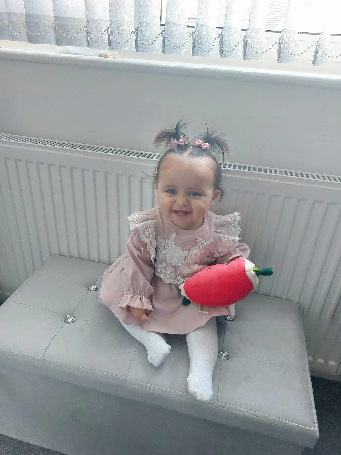 Isabella is registered to the contest to win money with this photo: baby, child, girl, smiling, pink_dress, lace, pony_tail, hair_bows, plush_toy, red_toy, bench, cushion, window, curtains, radiator, white_tights, indoor, happy, cute, portrait