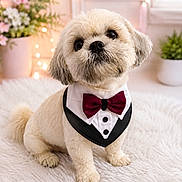Machy is registered to the contest to win money with this photo: adorable, animal, bokeh, bow_tie, cozy, cute, decor, dog, flowers, fluffy, fur, indoor, light, pet, portrait, rug, sitting, small_dog, tuxedo, white_rug