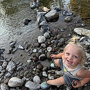 Sebastian is registered to the contest to win money with this photo: child, toddler, river, rocks, water, smiling, outdoor, nature, playful, blond_hair, blue_eyes, casual_clothing, sitting, shoes, small_pony_tail, stone, daylight, happy, person, recreation