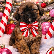 Teddy is registered to the contest to win money with this photo: puppy, dog, bow, red_and_white, candy_cane, christmas, holiday, ornaments, pink, snow, fluffy, cute, decorations, festive, background_lights, winter, pet, sitting, closeup, celebration