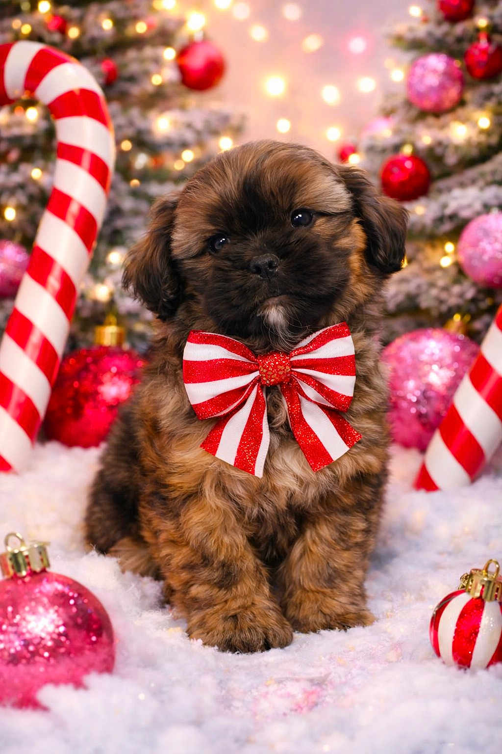 Teddy is registered to the contest to win money with this photo: puppy, dog, bow, red_and_white, candy_cane, christmas, holiday, ornaments, pink, snow, fluffy, cute, decorations, festive, background_lights, winter, pet, sitting, closeup, celebration