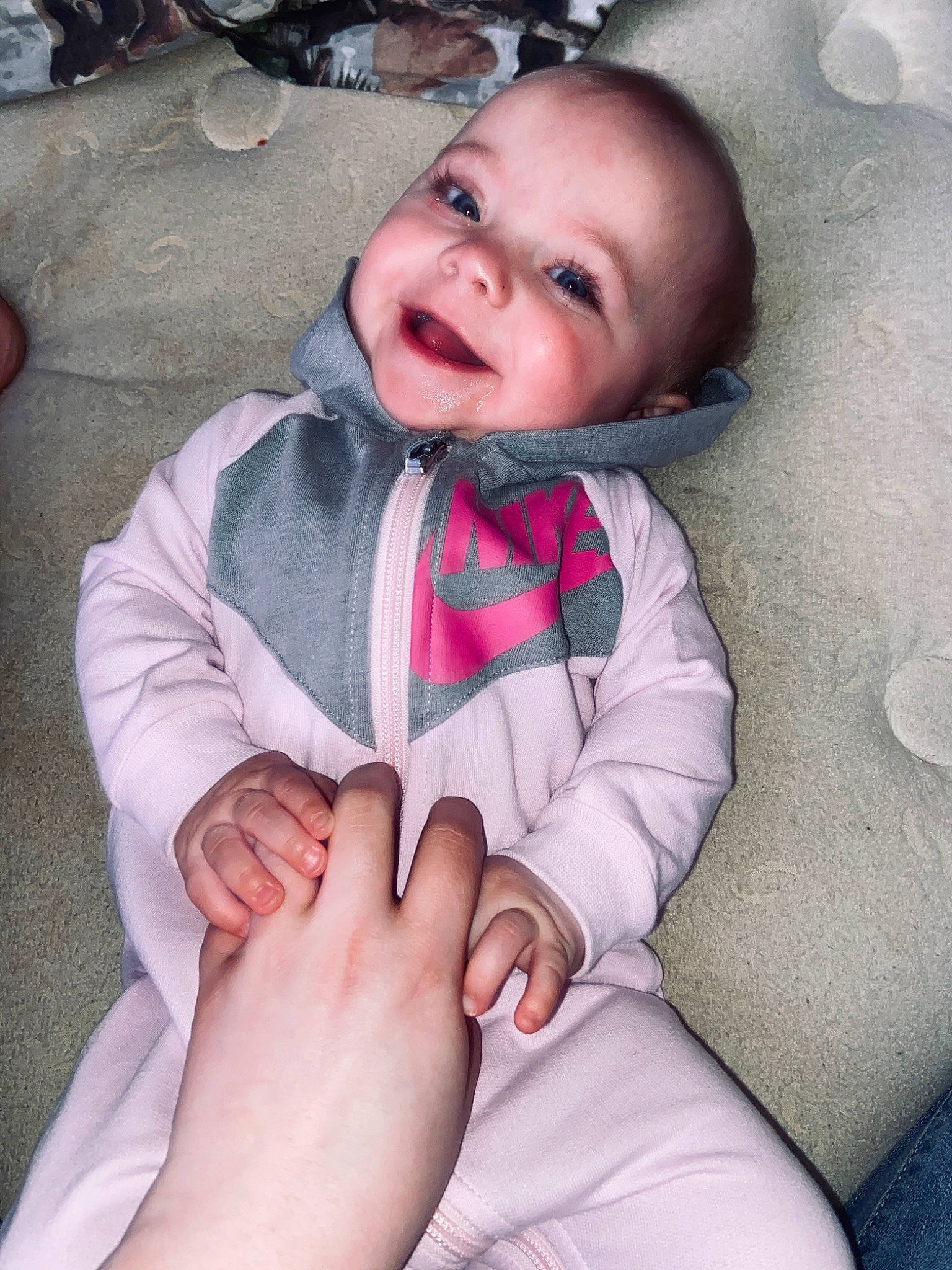 Daenerys joined the competition — help win amazing prizes! baby, cheek, child, face, facial_expression, hand, head, leg, lip, outerwear, person, pink, sitting, skin, smile, toddler