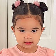Emanuelly is registered to the contest to win money with this photo: background_door, child, childhood, cute, face, fashion, girl, hair_accessories, hair_buns, head_and_shoulders, indoor, innocent, looking_at_camera, person, pink_clothing, portrait, smiling_slightly, studio_lighting, toddler, young_child