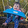 autumn, backyard, barefoot, blue_swing_seat, child, clothing, daylight, fall, grass, happy, legs, nature, outdoor, person, play, smiling, swing, toddler, trees, wooden_chair