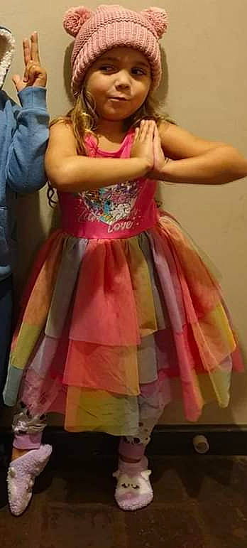 Mikaila joined the competition — help win amazing prizes! child, child_model, clothing, costume, dress, event, fashion_design, formal_wear, gown, headwear, peach, performance, person, pink, toddler