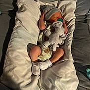 Oliver joined the competition — help win amazing prizes! baby, newborn, sleeping, pillow, plush_toy, elephant, hat, socks, onesie, cookie_pattern, infant, cushion, bed, resting, cute, soft_toy, indoors, cozy, child, peaceful