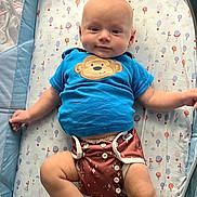 Oliver is registered to the contest to win money with this photo: baby, infant, smiling, blue_shirt, monkey_design, diaper_cover, playpen, blanket, hot_air_balloon_pattern, cute, child, toddler, lying_down, indoors, happy, clothing, person, young_child, skin, arms