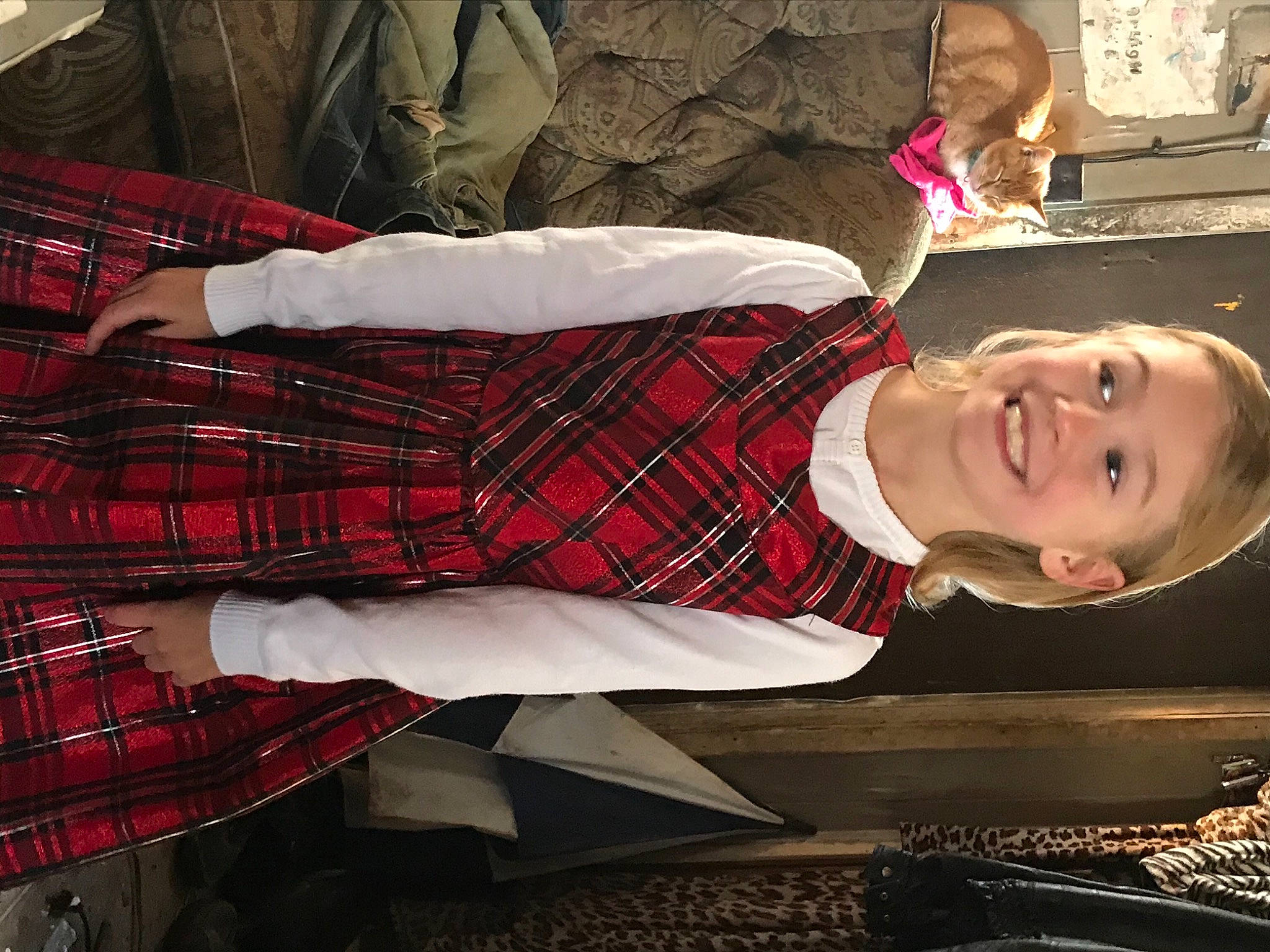 Charleigh joined the competition — help win amazing prizes! collar, design, dress, event, fashion, fashion_design, flash_photography, fun, happy, human_leg, joy, pattern, person, plaid, room, smile, tartan, textile, thigh, tie