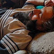 Pitchoune a rejoint le concours — aidez-le/la à gagner de superbes lots ! animal, beard, black_cat, casual_clothing, closeup, comfort, cozy, curly_hair, home, indoor, intimate, kitten, laying_down, man, pet, pillow, relaxation, resting, sleeping, soft_lighting