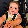 Iyla is registered to the contest to win money with this photo: baby, infant, child, stroller, white_dress, headband, flower, hands, feet, curious_expression, chubby_cheeks, close_up, seatbelt, black_stroller, cute, portrait, skin, baby_grabbing_foot, baby_face, baby_pose