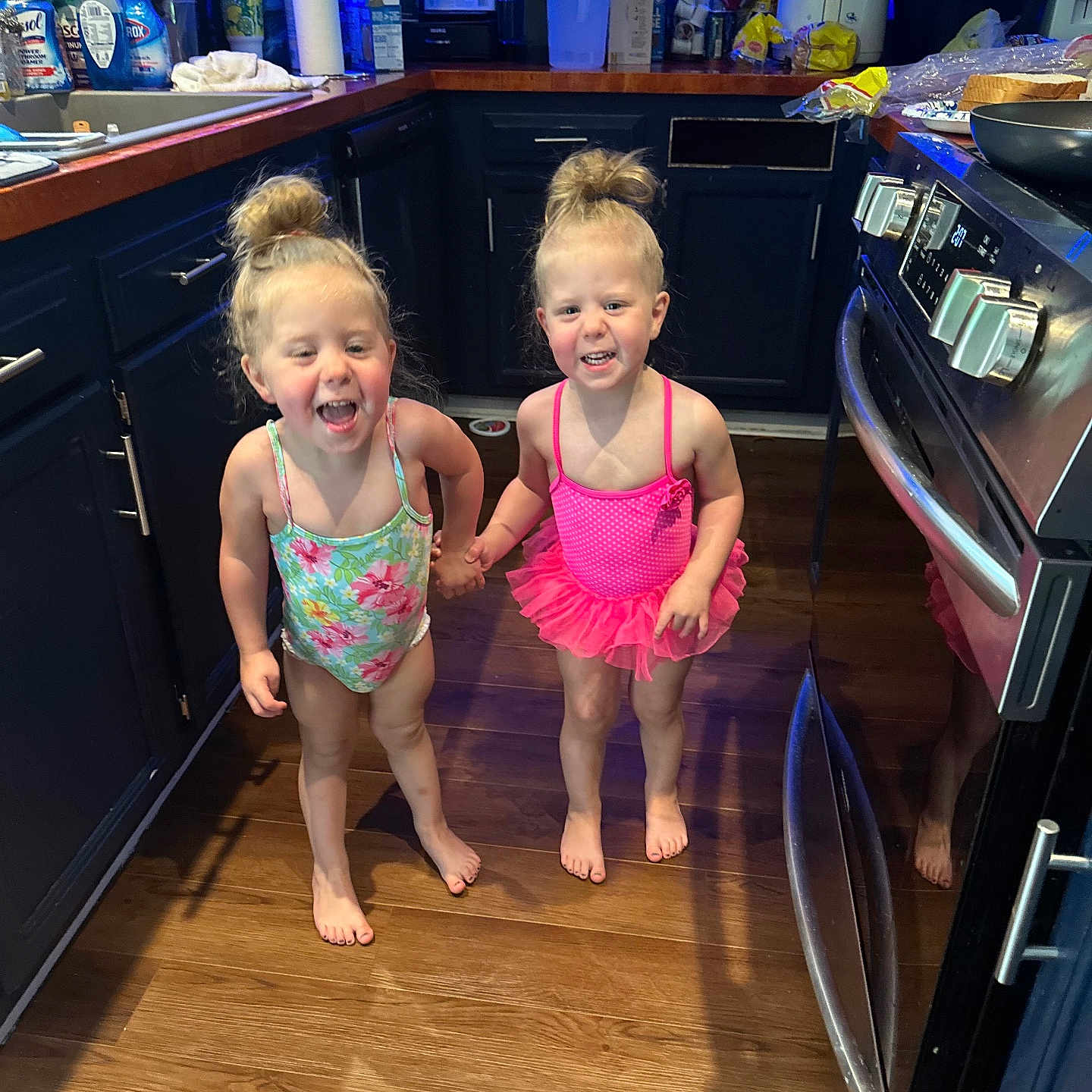 Isabella And Shay joined the competition — help win amazing prizes! appliance, cabinet, child, clothing, device, dress, electricaldevice, face, female, furniture, girl, head, indoors, kitchen, person, photography, portrait, shorts, sink, wood
