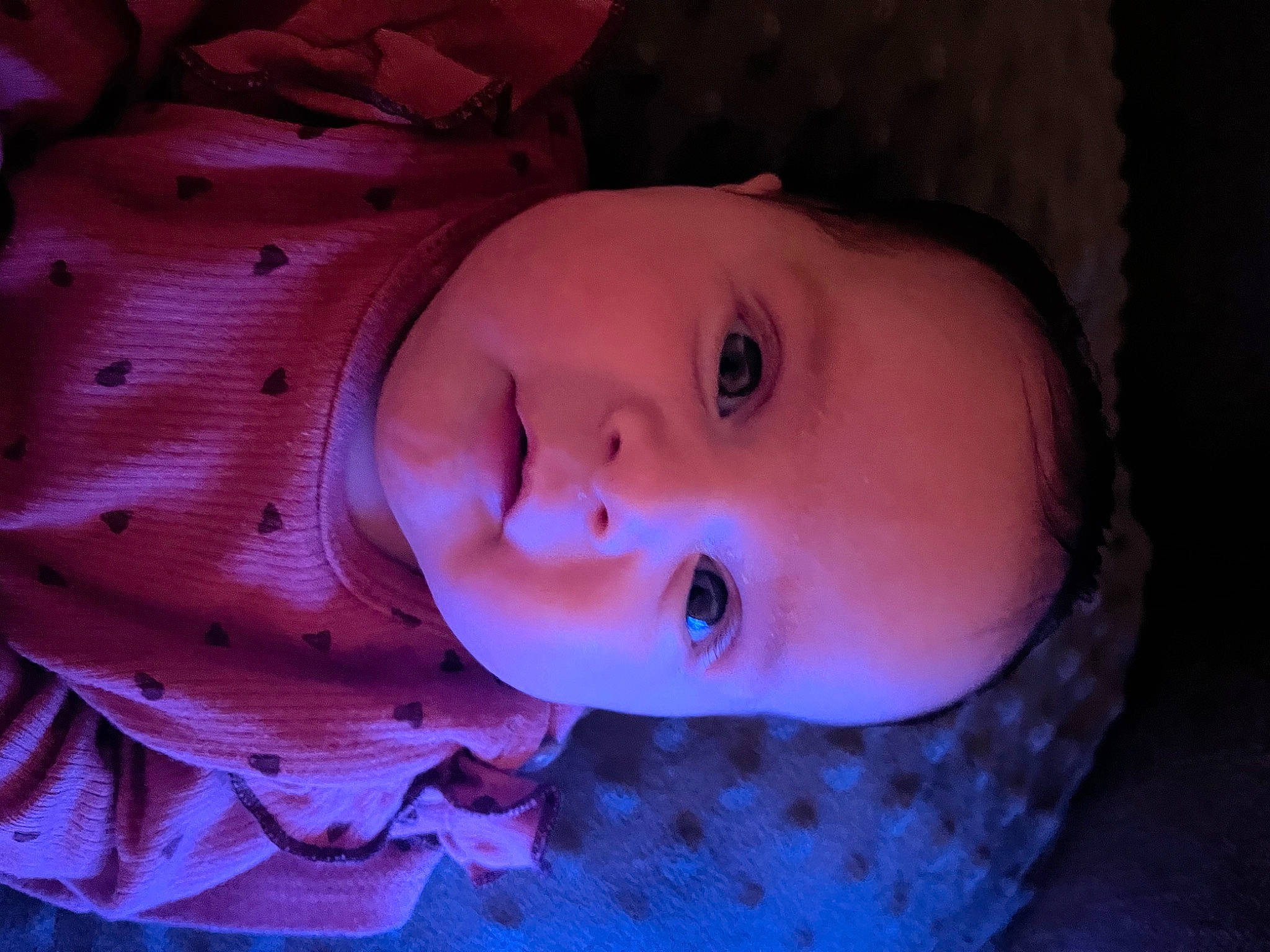 Teagan joined the competition — help win amazing prizes! baby, baby_toddler_clothing, cheek, child, close_up, eyelash, flash_photography, happy, human_body, iris, lip, mouth, nose, organ, pattern, person, purple, skin, sleeve, smile