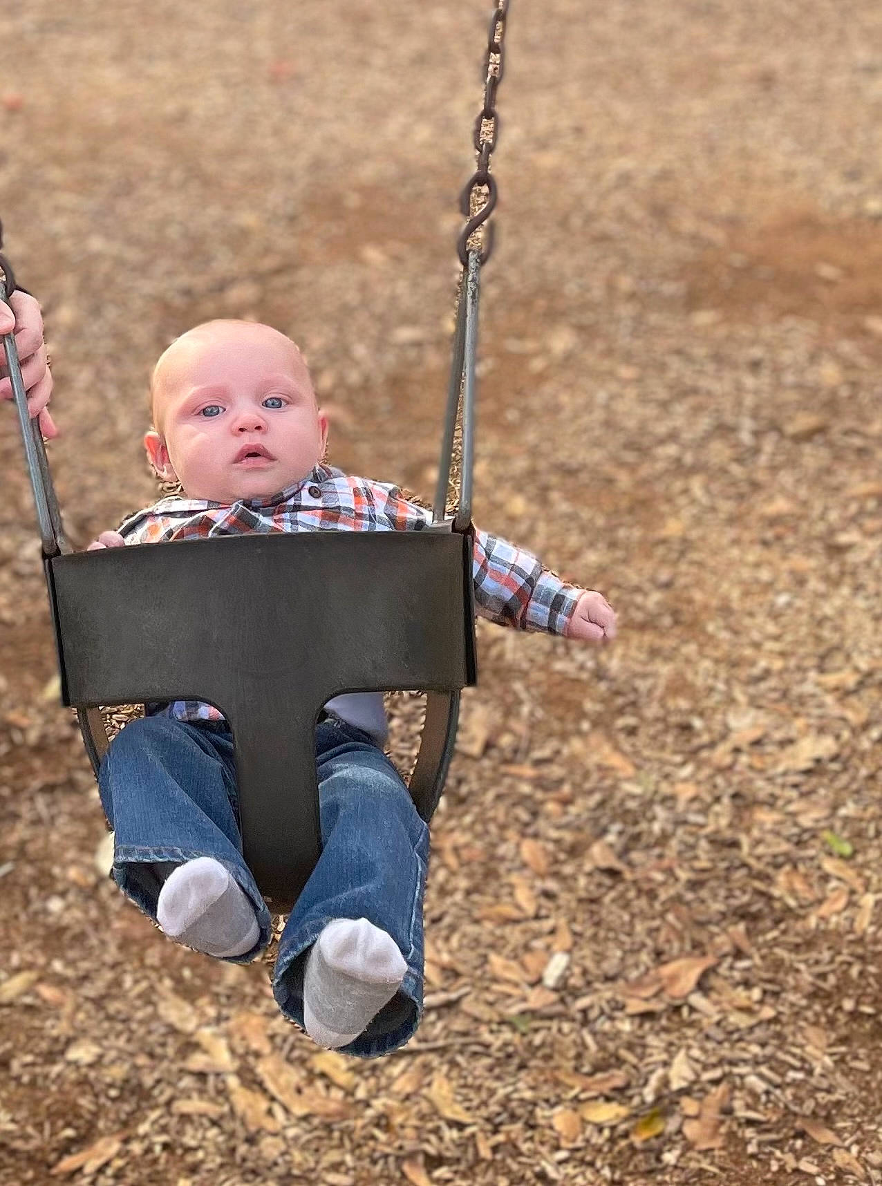 Clark is registered to the contest to win money with this photo: baby, baby_toddler_clothing, child, city, electric_blue, fun, grass, happy, leaf, leisure, outdoor_play_equipment, people_in_nature, person, play, playground, recreation, sitting, soil, swing, toddler