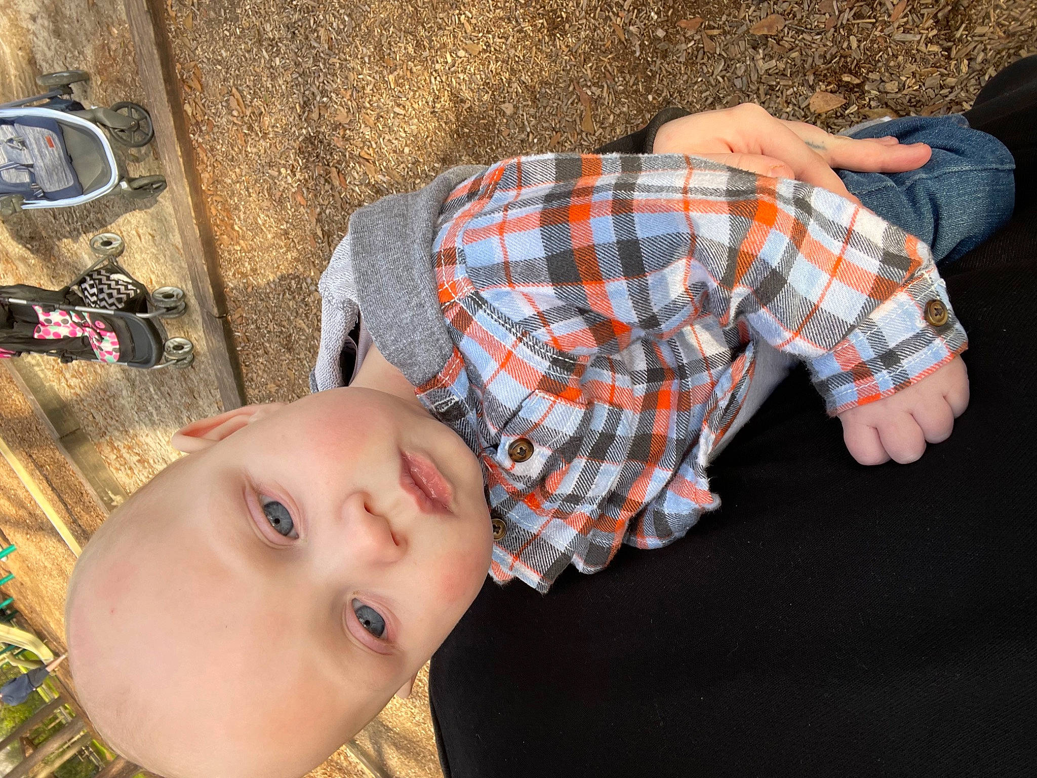 Clark joined the competition — help win amazing prizes! baby, baby_toddler_clothing, child, eyewear, fun, grass, happy, nose, pattern, person, plaid, portrait_photography, selfie, sitting, sleeve, smile, tartan, toddler, wood