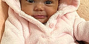 Isabella joined the competition — help win amazing prizes! baby, infant, pink_hoodie, bear_ears, polka_dot_pants, bracelet, cute, soft_texture, blanket, smiling, indoors, child, portrait, cozy, warm_clothing, young_child, comfortable, seated, apparel, happy