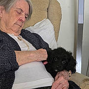Monkee joined the competition — help win amazing prizes! elderly_woman, dog, puppy, armchair, resting, indoor, black_dog, pet, cozy, casual_clothing, hand, face, portrait, comfort, relaxation, home, cute, animal, companionship, love