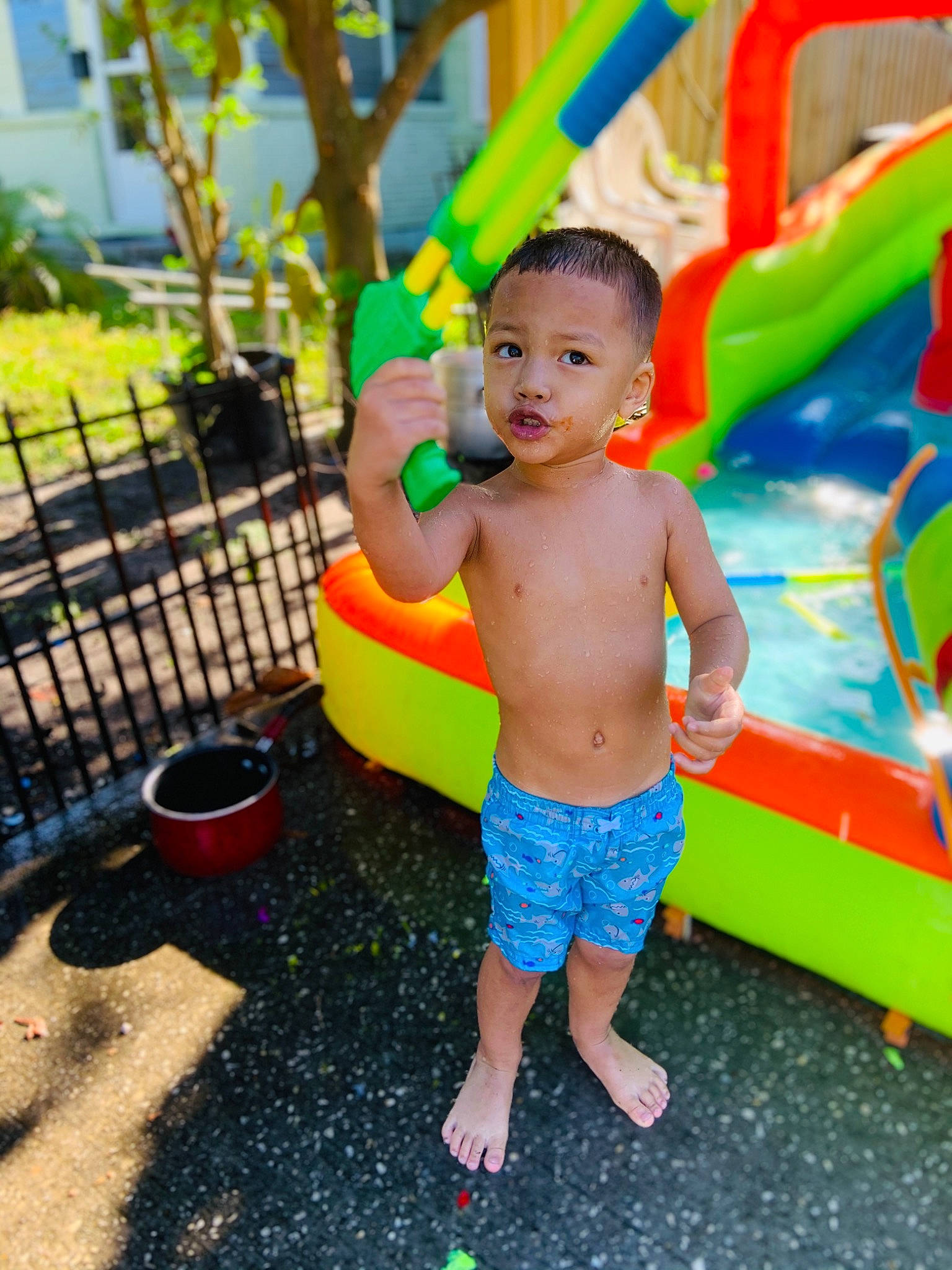 Tony Jr is registered to the contest to win money with this photo: baby, barefoot, child, city, event, fence, fun, grass, happy, leisure, outdoor_play_equipment, person, plant, play, recreation, sandal, shorts, sitting, toddler, tree