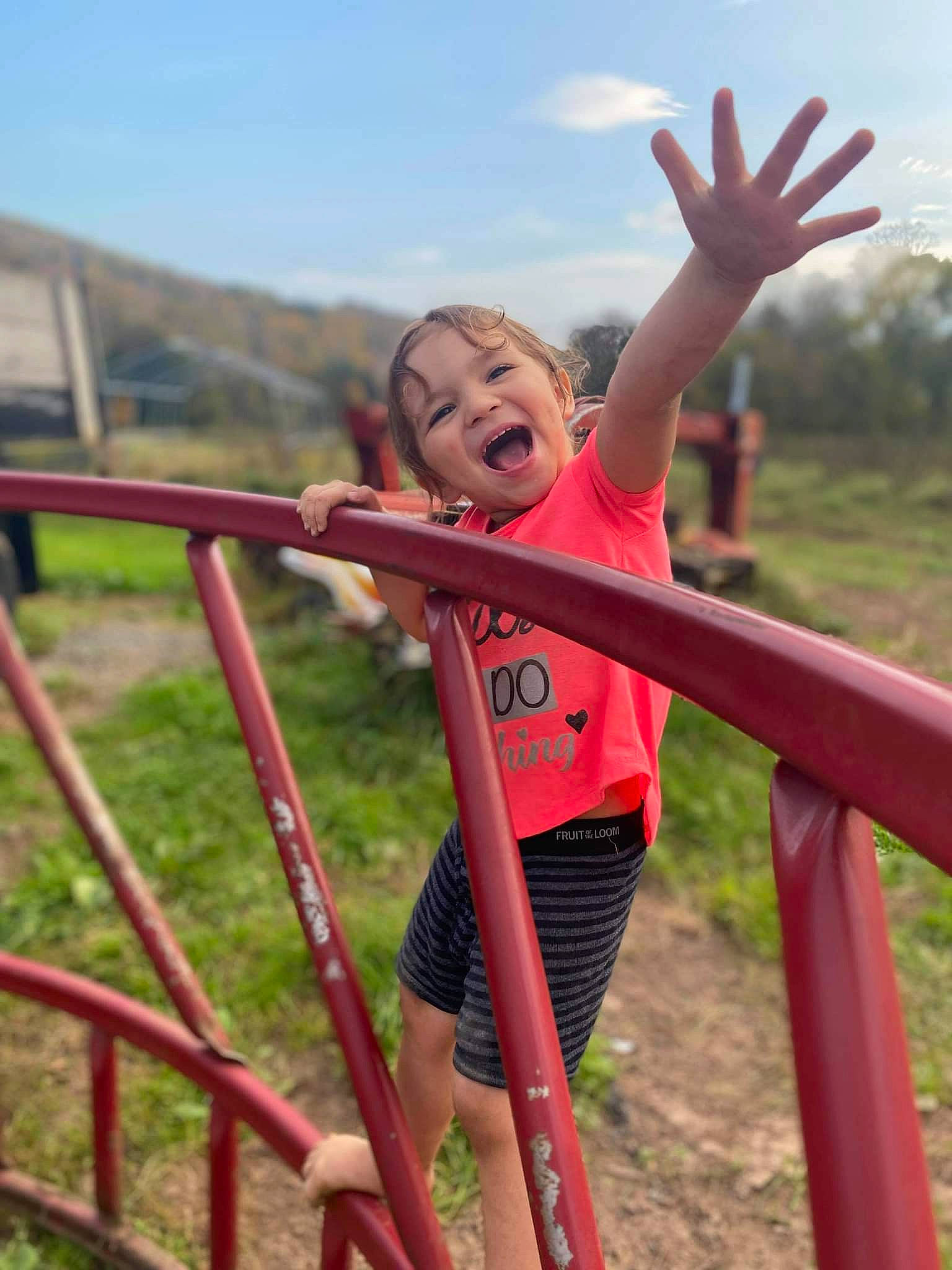 Abigail Violet joined the competition — help win amazing prizes! child, city, cloud, fun, gesture, grass, grassland, happy, laugh, leisure, outdoor_play_equipment, people_in_nature, person, playground, recreation, sky, smile, t_shirt, toddler, tree
