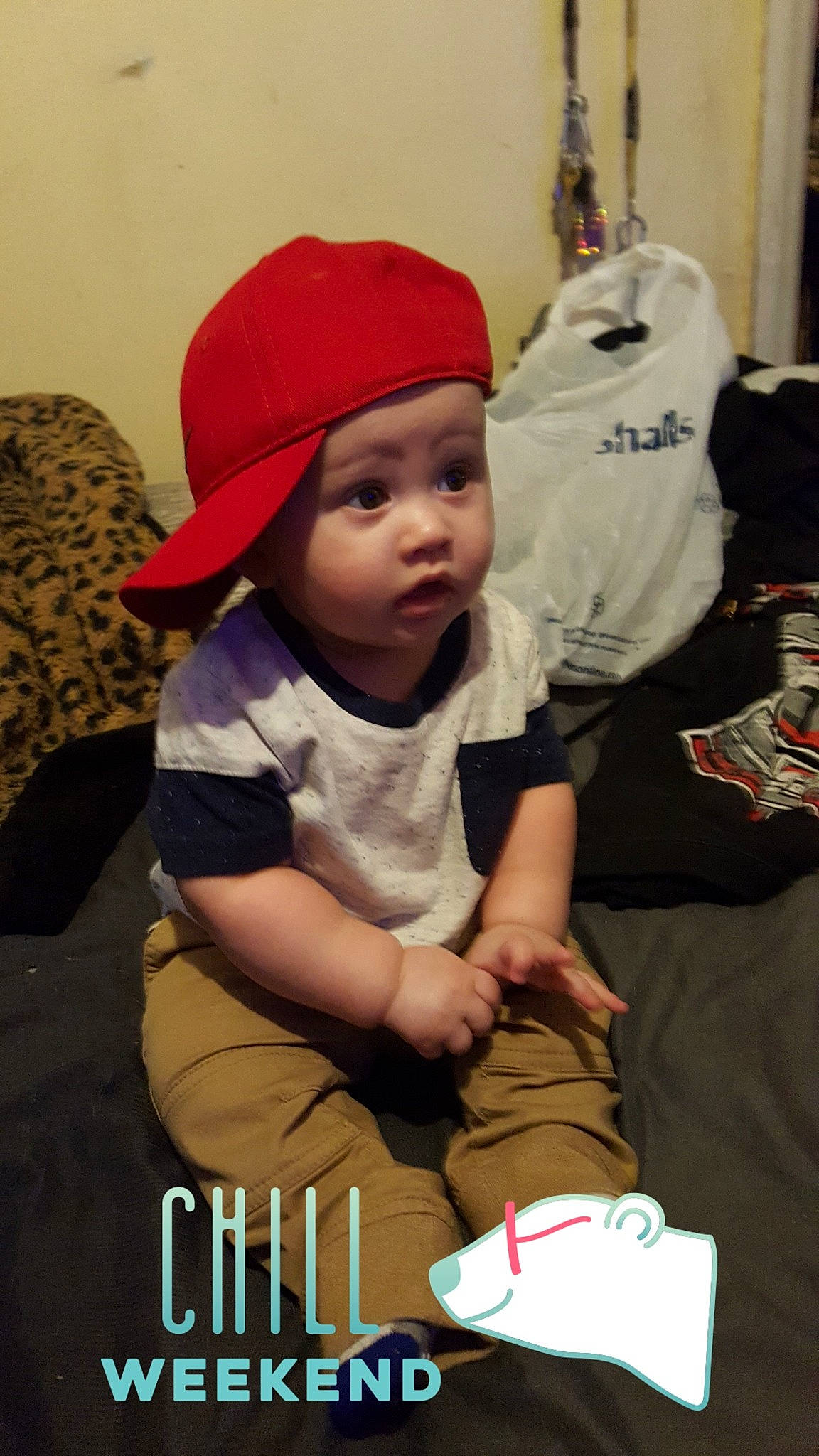 Luciano joined the competition — help win amazing prizes! baby, cap, child, hat, headgear, headwear, person, surprise, toddler