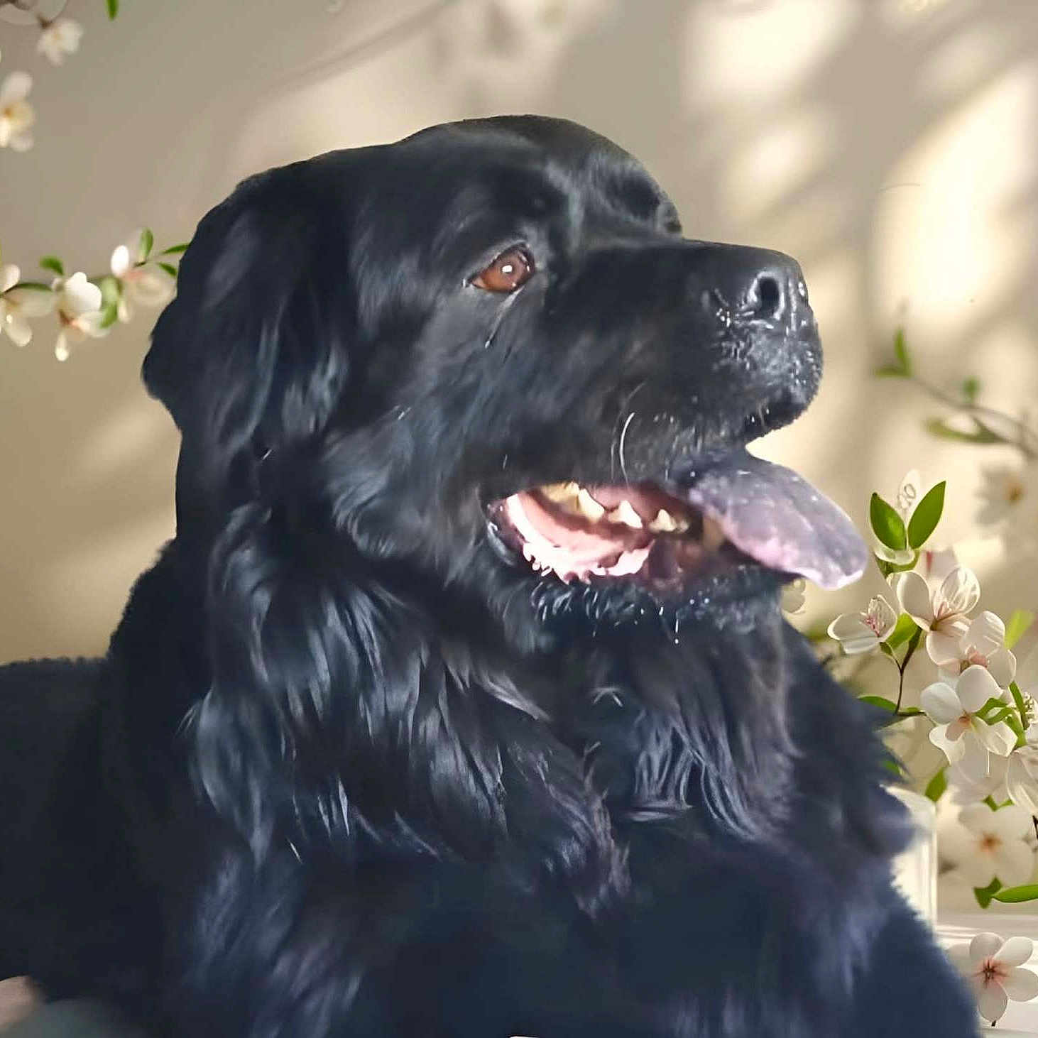 Jack participe au concours pour gagner de l'argent avec cette photo : animal, black_dog, blossom, canine, closeup, dog, domestic_animal, flower, fur, happy, leaf, mammal, nature, outdoor, pet, portrait, relaxing, sunlight, tongue_out, white_flower