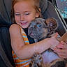 girl, child, puppy, dog, pet, hugging, smiling, car, car_seat, portrait, indoors, sitting, bow, dress, brown_fur, blue_eyes, animal, family, cute, photography