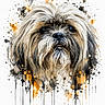 abstract, animal, artistic, beige, black, brown, closeup, colorful, creative, dog, dripping_paint, expression, face, fluffy, long_hair, paint_splatter, pet, portrait, texture, white