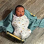Asaiah is registered to the contest to win money with this photo: newborn, baby, swaddle, basket, wooden_floor, blanket, infant, cute, face, expression, lying_down, indoors, portrait, child, small, cozy, dinosaur_pattern, wrapped, sleepwear, person