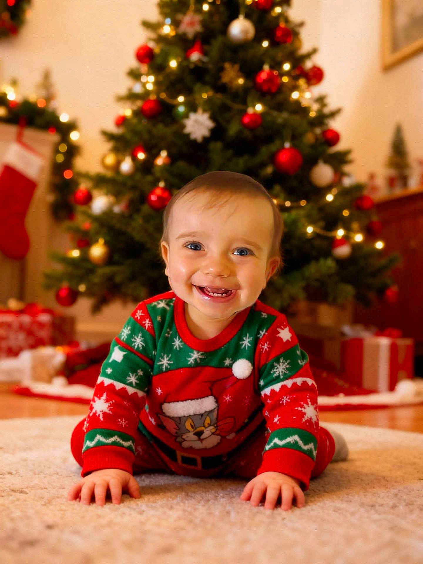 Liam participe au concours pour gagner de l'argent avec cette photo : baby, carpet, child, christmas_lights, christmas_presents, christmas_tree, crawling, cute, decorations, festive_sweater, happy, holiday, holiday_cheer, home, indoor, portrait, red_and_green, seasonal, smiling, tom_and_jerry