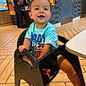 Jacob is registered to the contest to win money with this photo: toddler, child, high_chair, smiling, indoor, restaurant, fast_food, person, flooring, table, furniture, clothing, happy, face, seat, interior, menu, casual, background, wood_floor