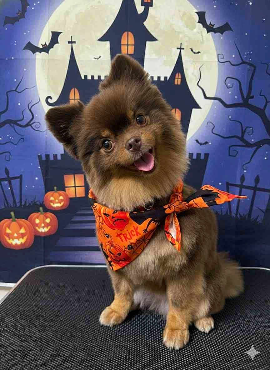 Truffle joined the competition — help win amazing prizes! dog, small_dog, pomeranian, brown_fur, bandana, halloween, pumpkins, jack_o_lantern, haunted_house, full_moon, bats, tongue_out, smiling, sitting, grooming_table, cute, portrait, studio_backdrop, eyes, fluffy