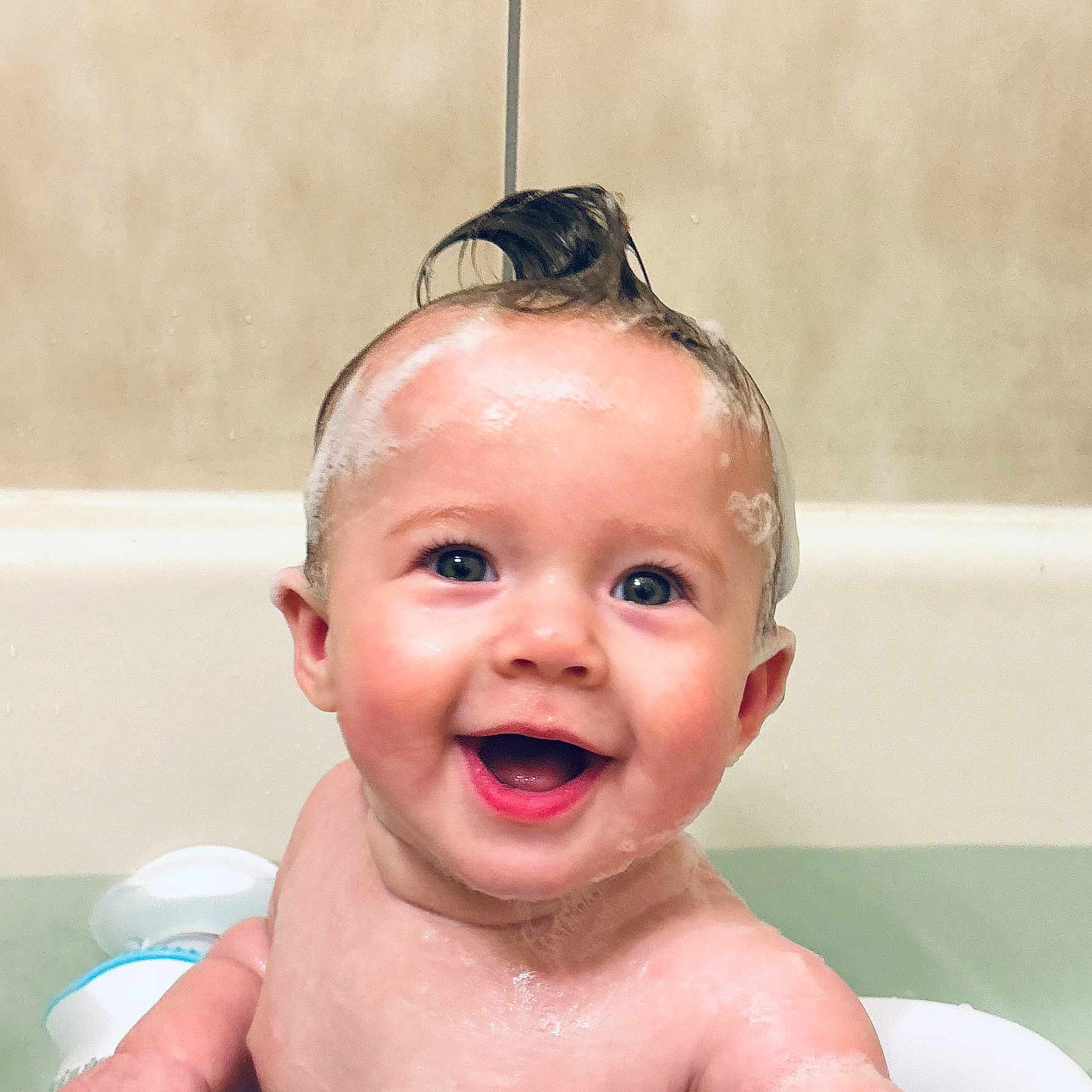 Autumn joined the competition — help win amazing prizes! baby, babylaughing, bathing, bathroom, bathtub, face, happy, head, indoors, laughing, person, photography, plant, portrait, room, shower, smile, tape, tub, washing