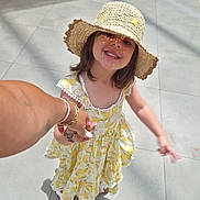 Remy participe au concours pour gagner de l'argent avec cette photo : child, girl, smiling, hat, straw_hat, yellow_dress, holding_hands, sunlight, shadow, indoor, tile_floor, footwear, sandal, happy, portrait, person, cute, summer, fashion, hand