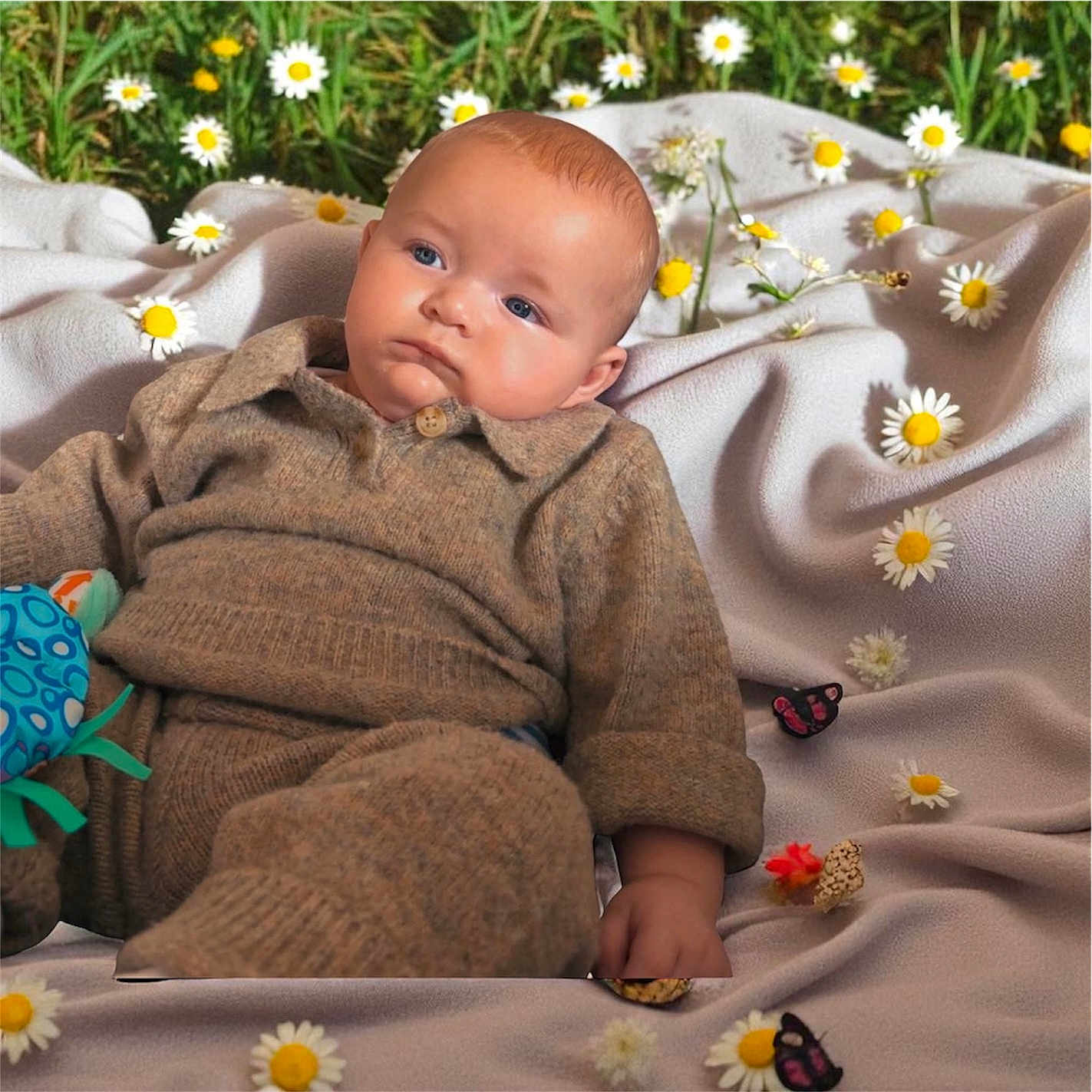 Frankie joined the competition — help win amazing prizes! baby, child, knitwear, brown_clothing, blanket, daisies, butterflies, toy, outdoor, grass, portrait, soft_texture, cute, infant, nature, relaxed, blue_eyes, hand, face, cozy