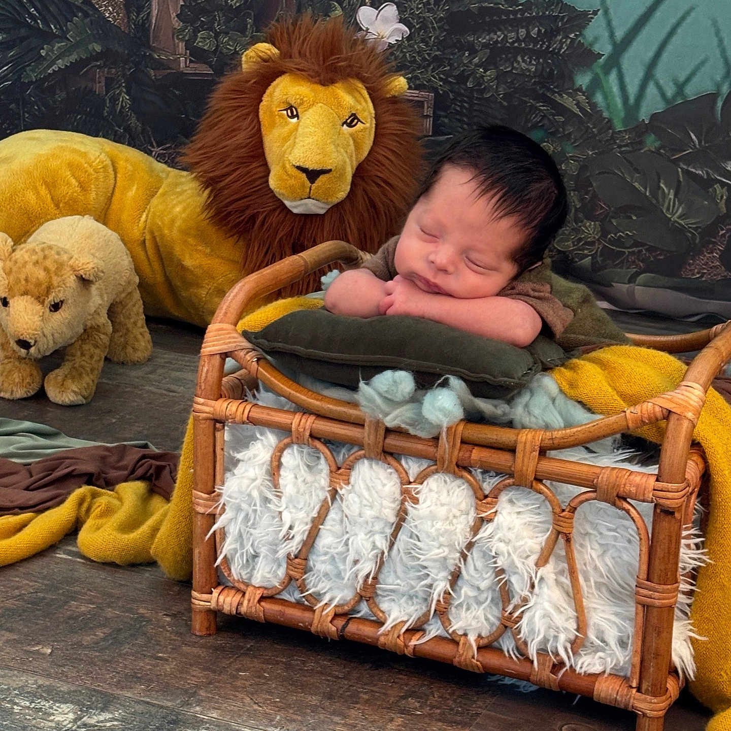 Côme a rejoint le concours — aidez-le/la à gagner de superbes lots ! newborn, baby, sleeping, wicker_bed, blanket, pillow, plush_lion, stuffed_animal, wood_floor, indoor, decor, greenery, cute, rest, infant, cozy, soft_toys, child, portrait, peaceful