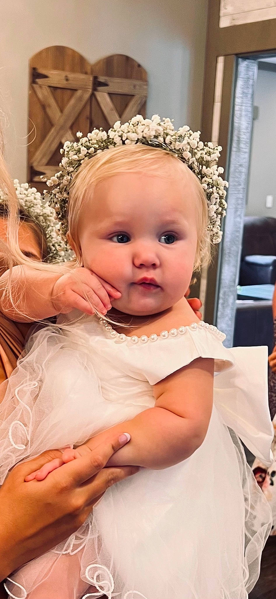 Blakely is registered to the contest to win money with this photo: baby, baby_toddler_clothing, bridal_accessory, bridal_clothing, chair, child, dress, event, gesture, gown, happy, headband, headpiece, iris, jewellery, person, pink, skin, textile, toddler