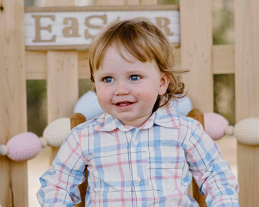 Steele joined the competition — help win amazing prizes! baby_toddler_clothing, cheek, child, design, eye, face, facial_expression, fun, happy, joy, nose, pattern, person, plaid, skin, sleeve, smile, standing, t_shirt, tartan