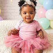 Promise joined the competition — help win amazing prizes! baby, toddler, pink_tutu, headband, curly_hair, smiling, sitting, blanket, knit_blanket, pastel_balloons, shoes, indoor, portrait, cute, child, happy, flower_headband, soft_lighting, decor, celebration